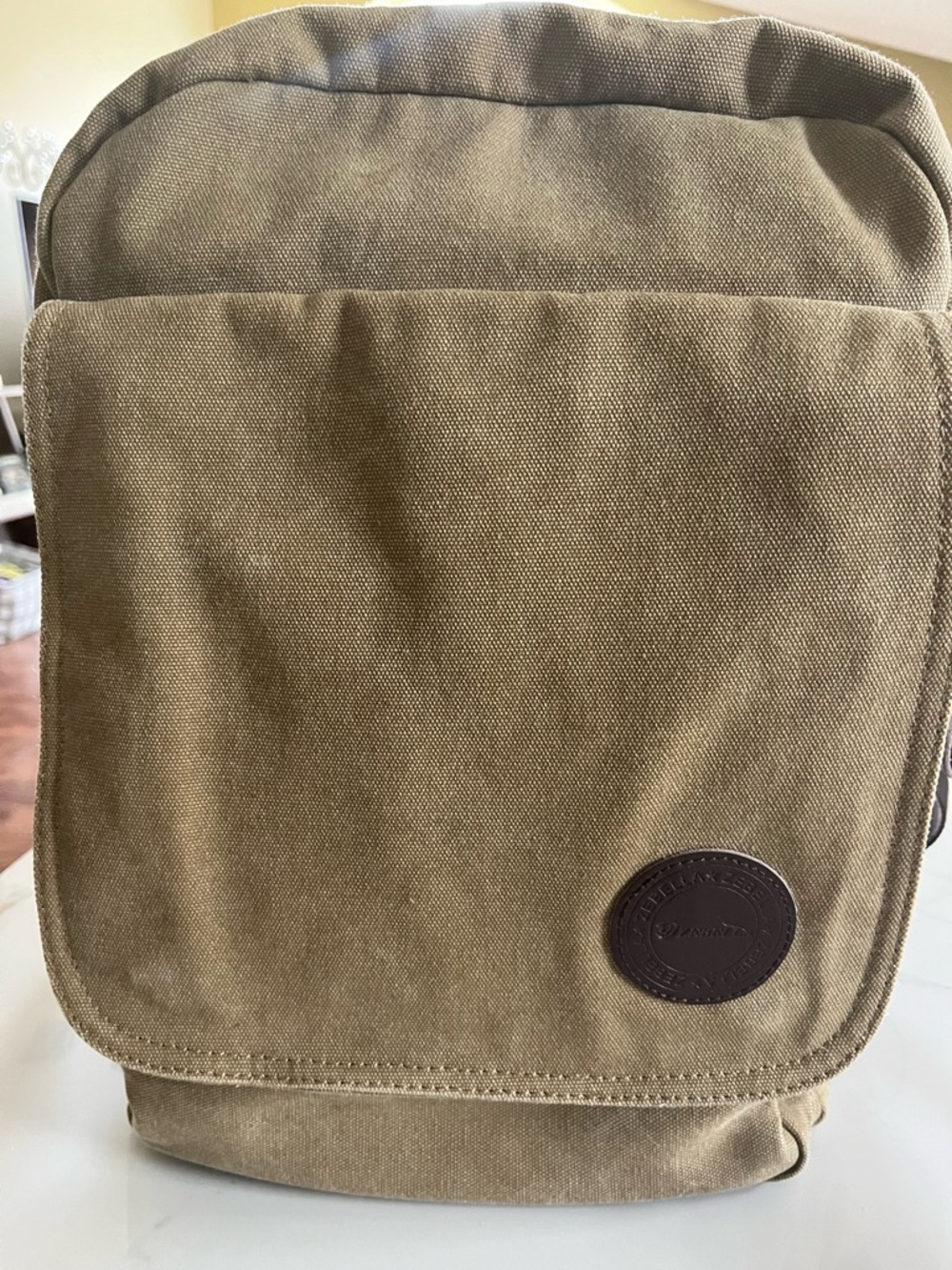 Zebella Canvas Backpack for Laptop in Tan with Leather Patch